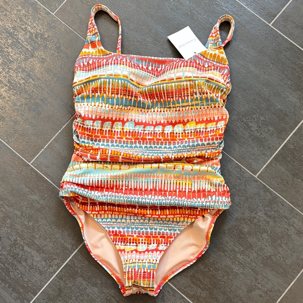 Garnet Hill Multicolor Stripe One-Piece Swimsuit - Coral, Aqua, Yellow